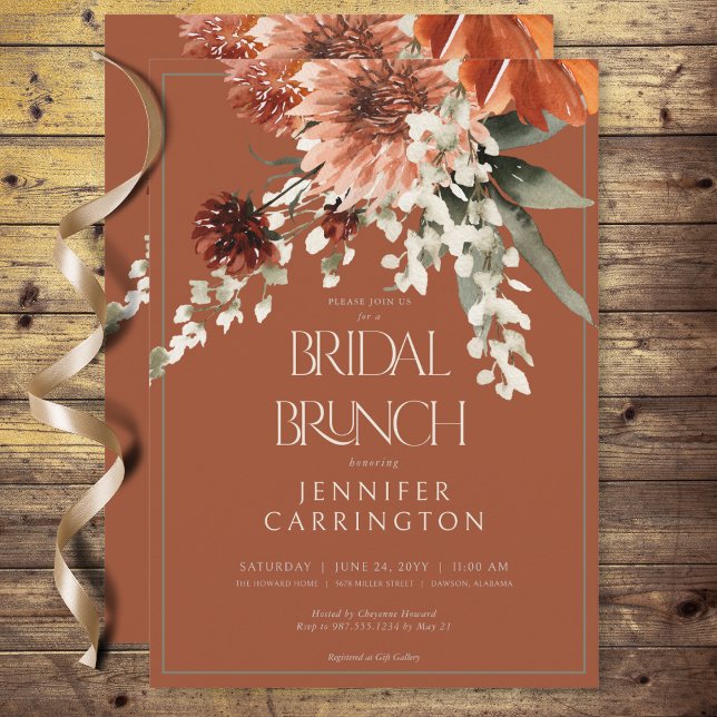 Convite Rustic Terracotta Rust Flowers Bridal Brunch (Rustic Terracotta Rust Flowers Bridal Brunch Invitation)