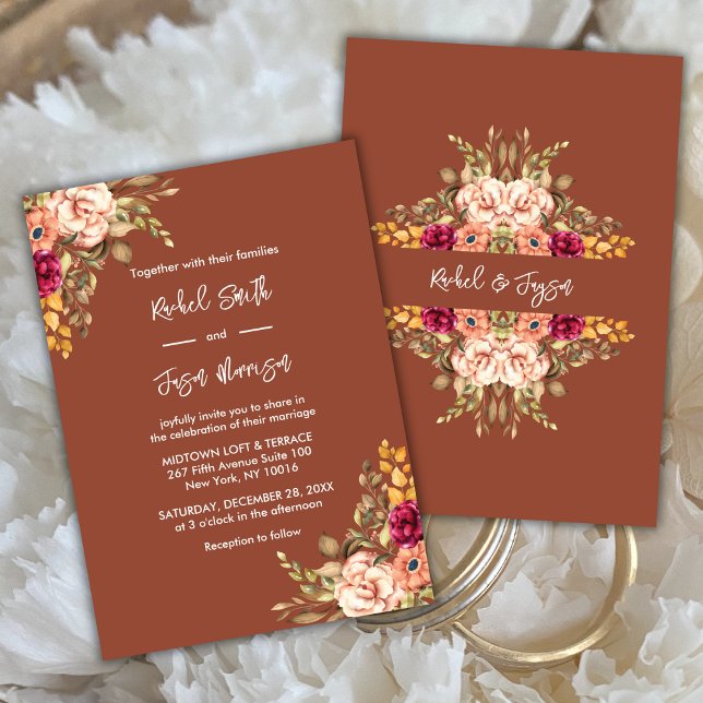 Convite Rustic Terracotta Watercolor Autumn (Lovely Romantic Terracotta Wedding Invitation with Watercolor Flowers)
