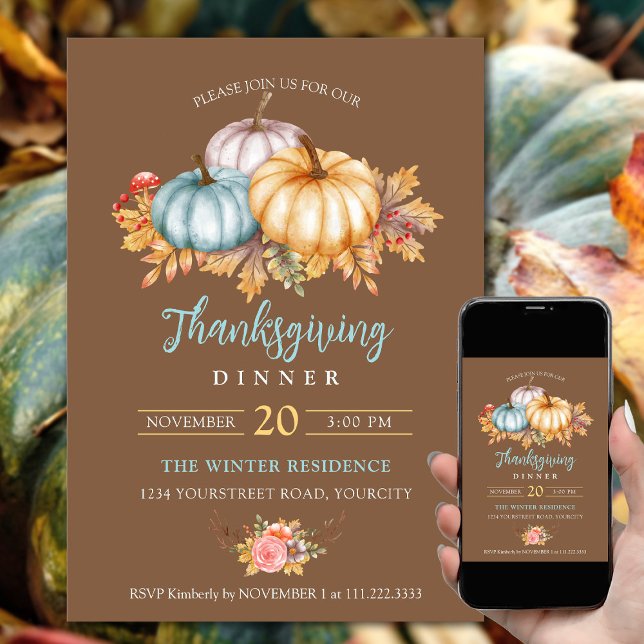 Convite Rustic Thankand florpkins castanho (Thanksgiving dinner invitations fall colors pumpkins leaves rustic brown blue yellow color)