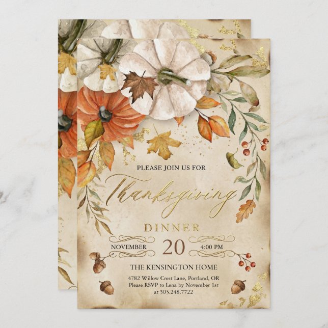 Convite Rustic Thanksgiving Dinner Pumpkin Invitation (Frente/Verso)