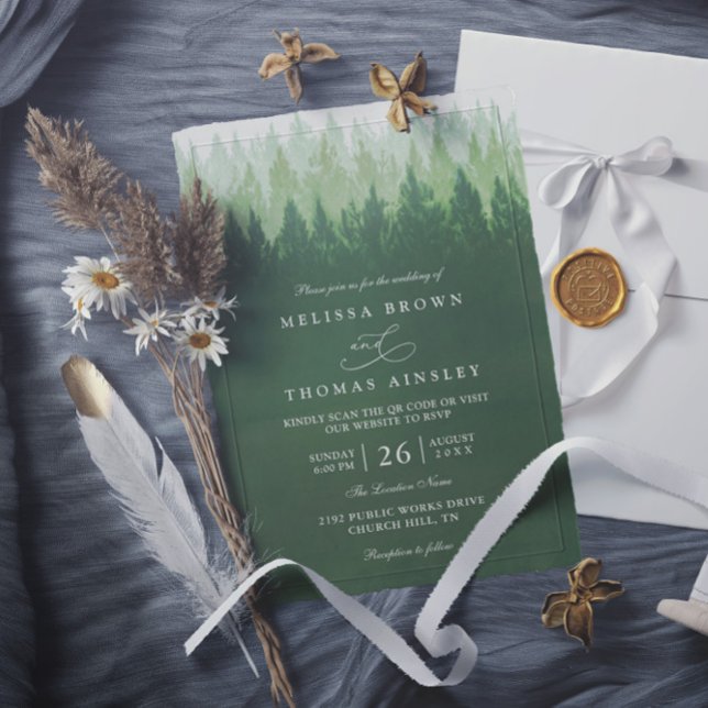 Convite Rustic Trees Pine Forest  Elegant QR Code Wedding (Criador carregado)