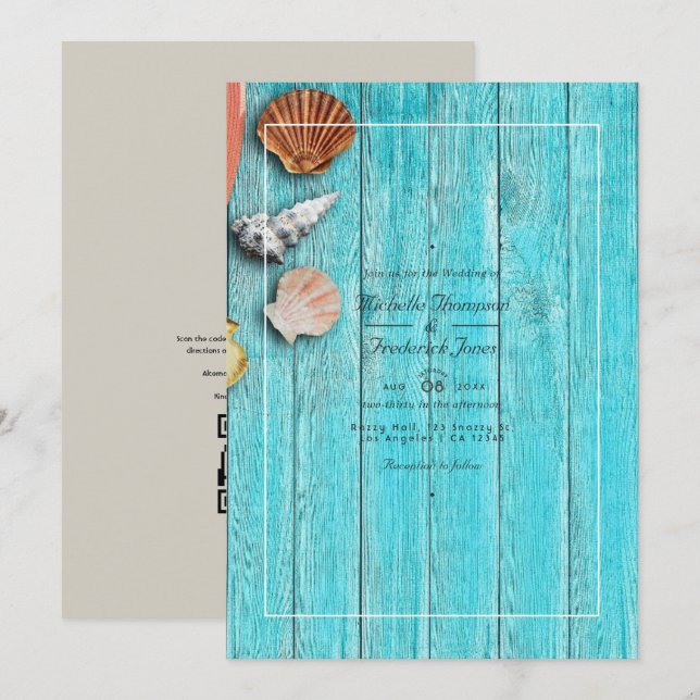 Convite Rustic Turquoise QR Code RSVP Beach Weding (Frente/Verso)