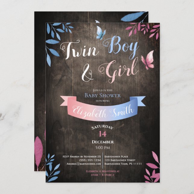 Convite Rustic Twin Boy and Girl watercolor babyshower (Frente/Verso)