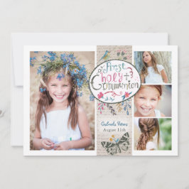 Convite Rustic Vintage Beige First Santa Communion floral