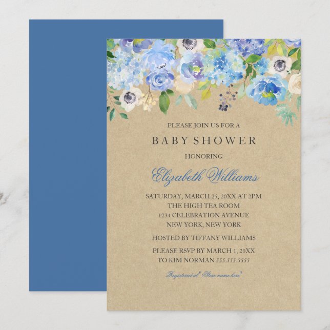 Convite Rustic Vintage Blue Floral Boy Invite (Frente/Verso)