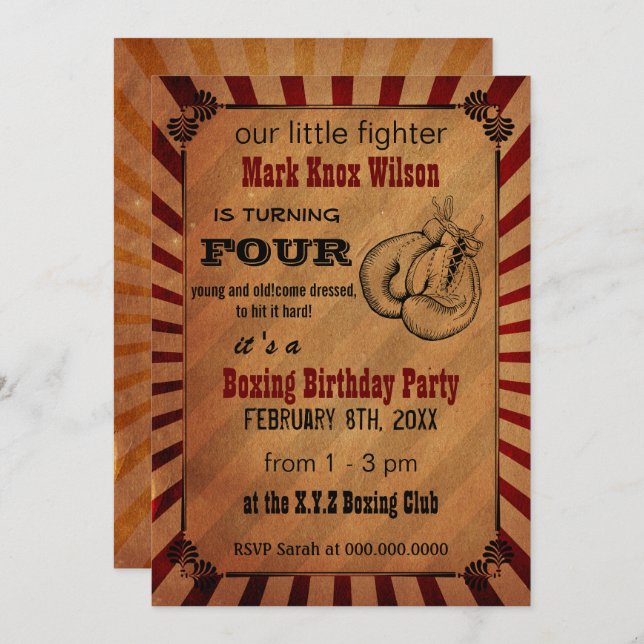 Convite Rustic Vintage Boxing Birthday Invtions (Frente/Verso)