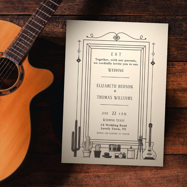 Convite Rustic Vintage Cowboy Casamento Guitarrista (rustic vintage cowboy wedding invitation cactus guitar musician frame barn backyard outdoor elegant)