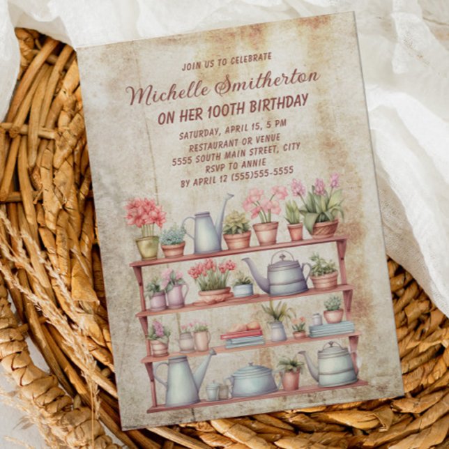 Convite Rustic Vintage Farmhouse Kitchen 100º Aniversário (Farmhouse kitchen plants and teapots birthday party invitation)