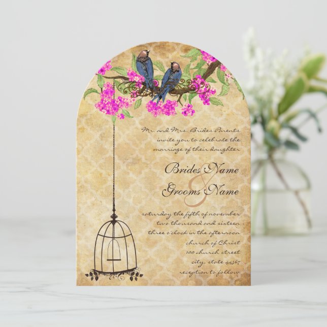 Convite Rustic Vintage Fuchsia ama Casamento de Aves (Em pé/Frente)