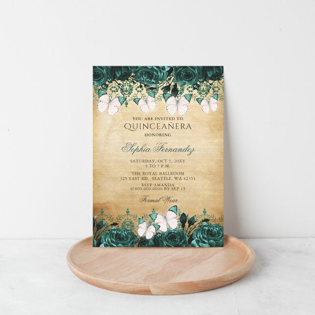 Convite Rustic Vintage Green Floral Butterfly Quinceañera (Rustic Vintage Green Floral Butterfly Quinceañera )