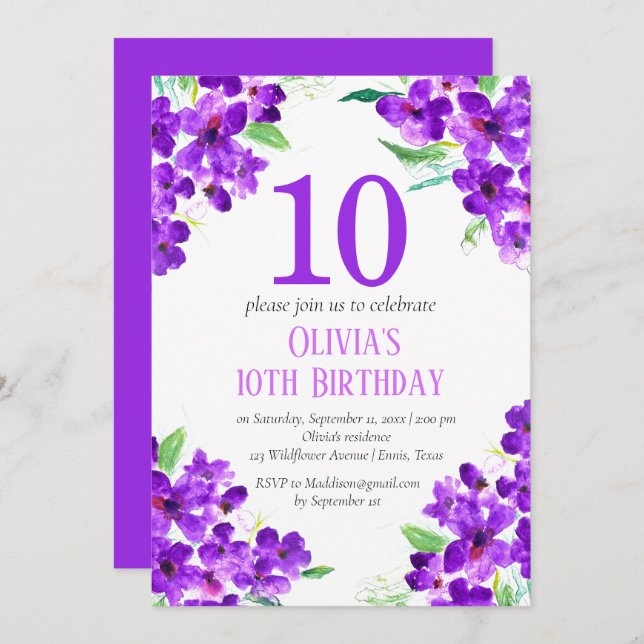 Convite Rustic Violet 10th Birthday Purple Floral (Frente/Verso)