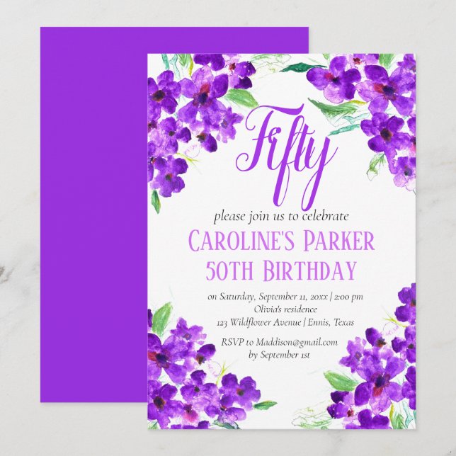 Convite Rustic Violet 50th Birthday Purple Floral (Frente/Verso)