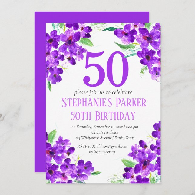 Convite Rustic Violet 50th Birthday Purple Floral (Frente/Verso)