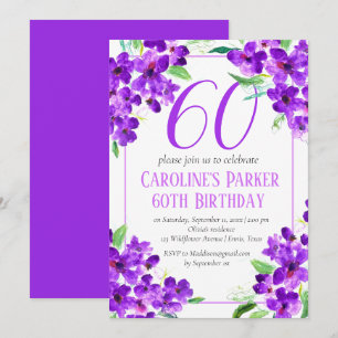Convite Rustic Violet 60th Birthday Purple Floral