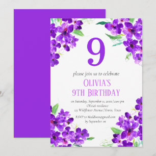 Convite Rustic Violet 9º Aniversário Púrpura Floral