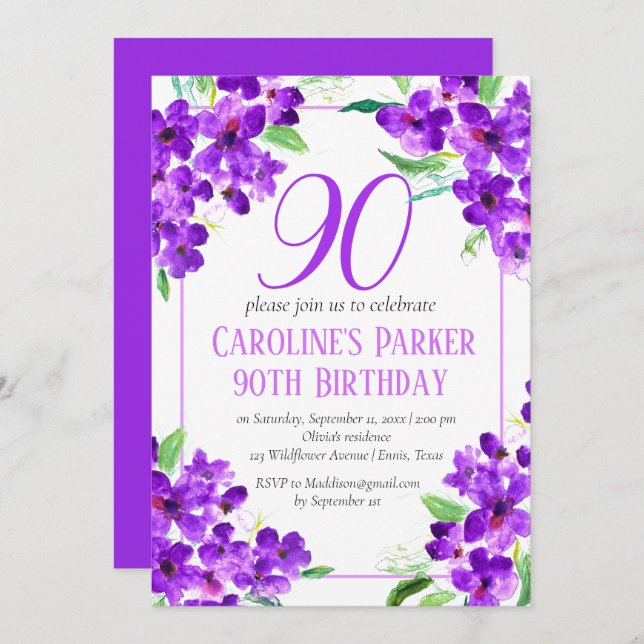 Convite Rustic Violet 90 Birthday Purple Floral (Frente/Verso)