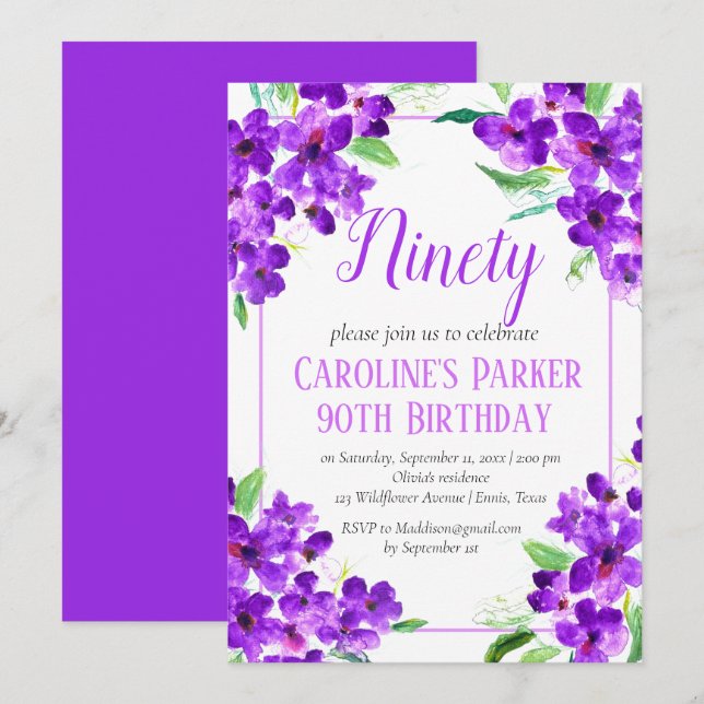 Convite Rustic Violet 90 Birthday Purple Floral (Frente/Verso)