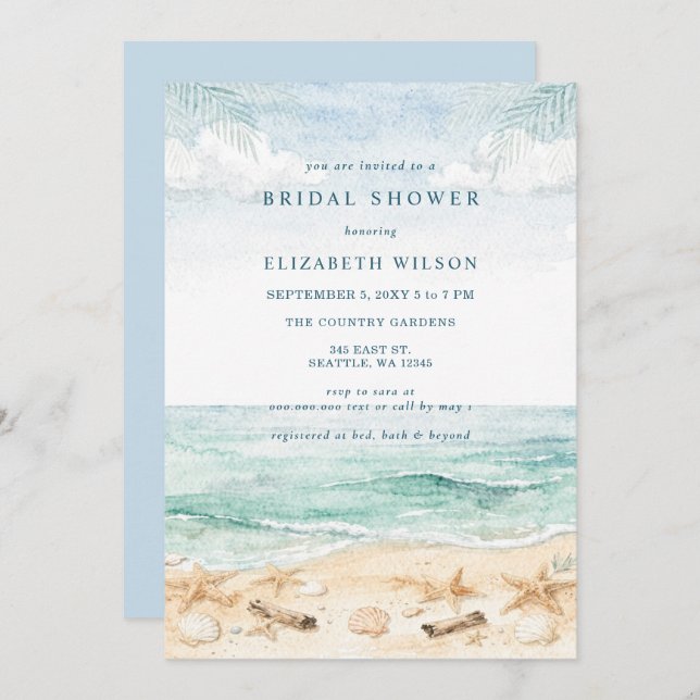 Convite Rustic Watercolor Beach Bridal Shower (Frente/Verso)