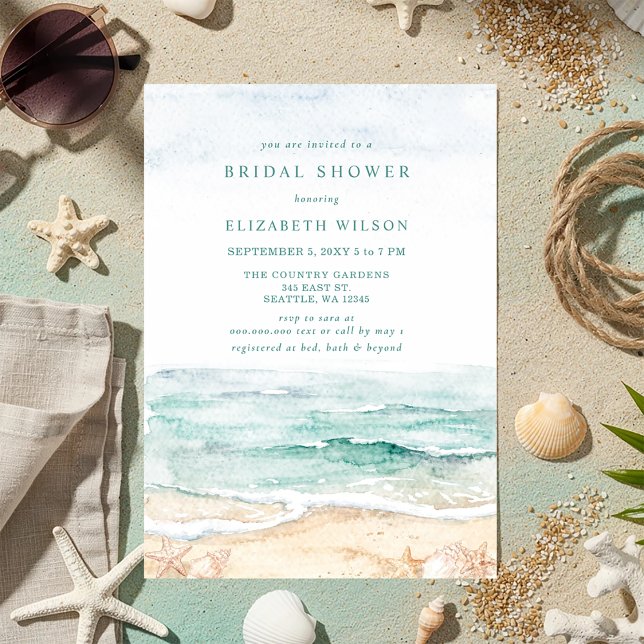 Convite Rustic Watercolor Beach Bridal Shower (Rustic Watercolor Beach Bridal Shower Invitation)