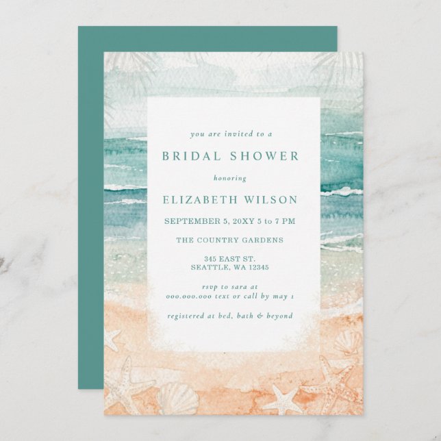 Convite Rustic Watercolor Beach Bridal Shower (Frente/Verso)