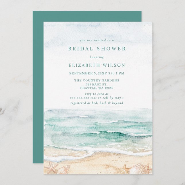 Convite Rustic Watercolor Beach Bridal Shower (Frente/Verso)