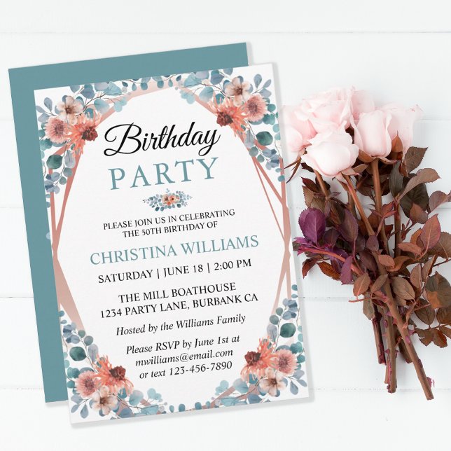 Convite Rustic Watercolor Blue Floral 50th Birthday Party (Criador carregado)