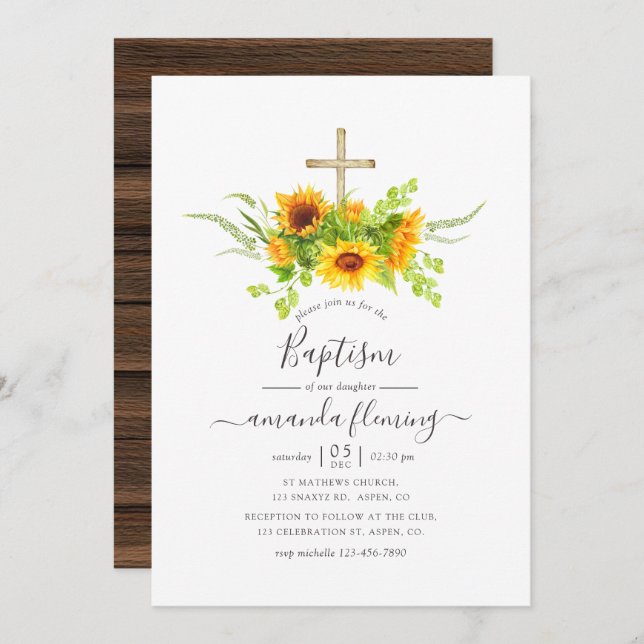 Convite Rustic Watercolor Bohemian Sunflower Baptism (Frente/Verso)