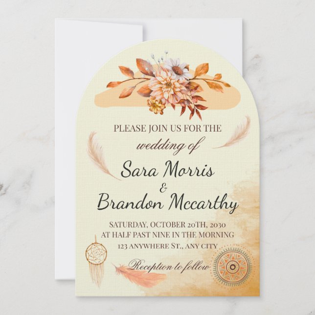Convite Rustic Watercolor Bohemian Wedding Card (Frente)