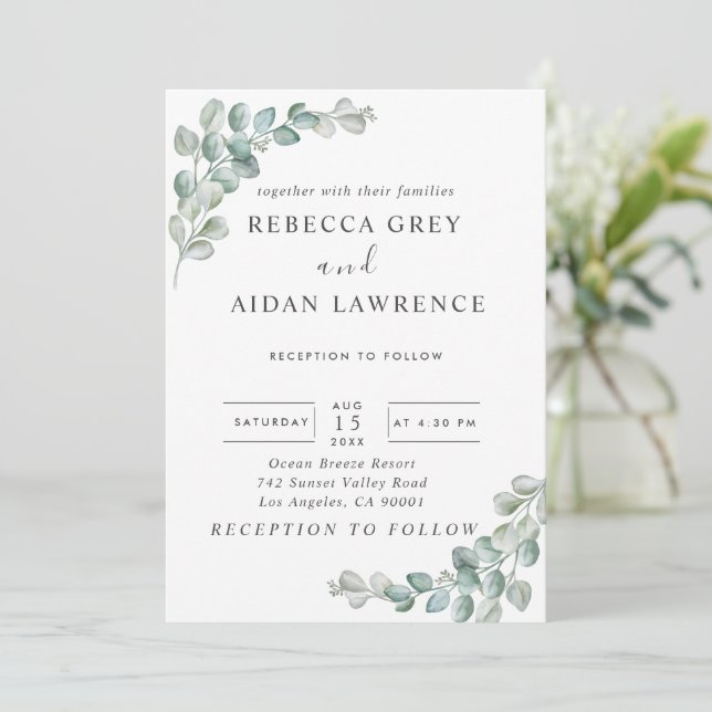 Convite Rustic Watercolor Eucalyptus Greenery Wedding (Em pé/Frente)
