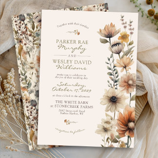 Convite Rustic Watercolor Fall Floral Ivory Autumn Wedding