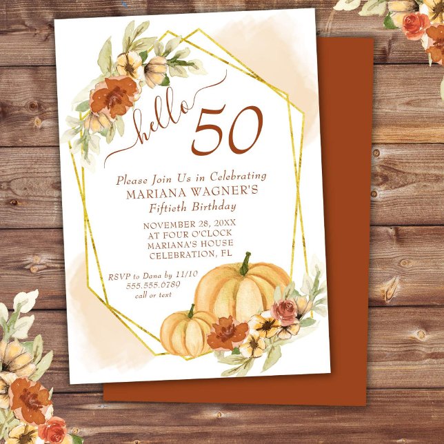 Convite Rustic Watercolor Fall Pumpkin 50º Aniversário (Criador carregado)