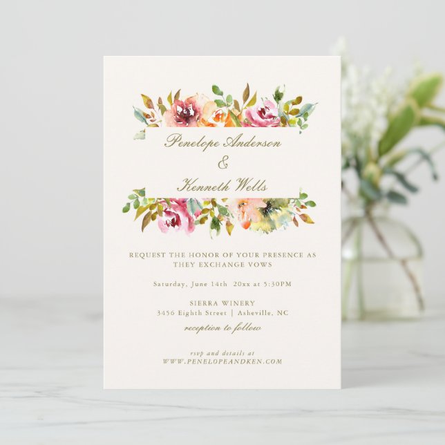 Convite Rustic Watercolor Floral Botanical Fall Wedding  (Em pé/Frente)