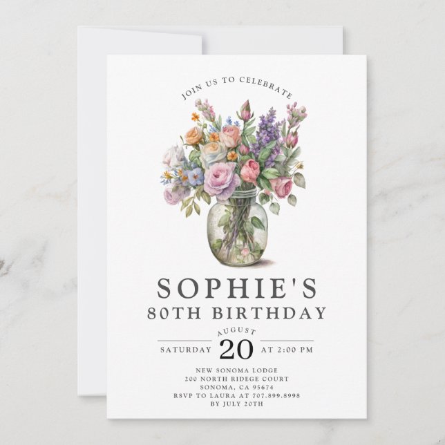 Convite Rustic Watercolor Flowers 80 Birthday (Frente)