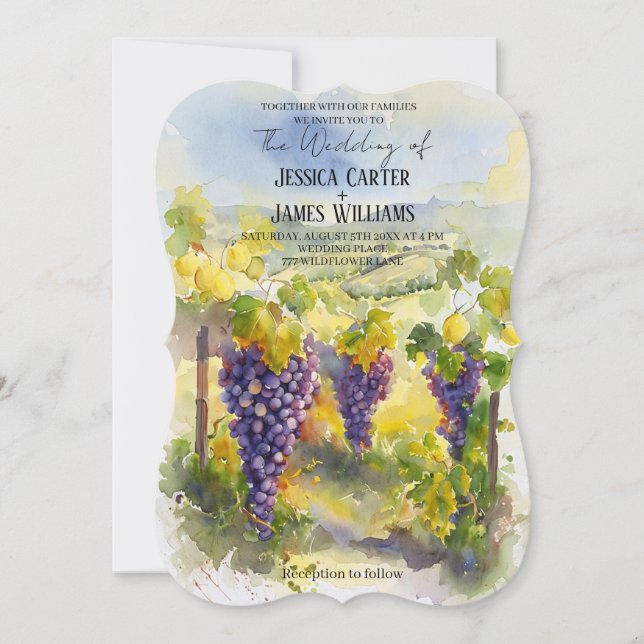 Convite Rustic Watercolor Lemons Grapes Vineyard Wedding (Frente)