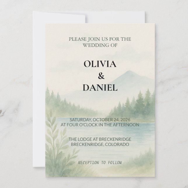 Convite Rustic Watercolor Mountain Forest Pine Wedding  (Frente)