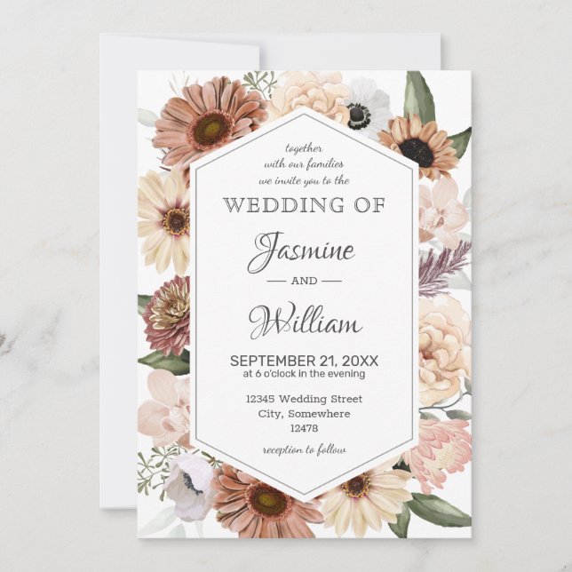 Convite Rustic Watercolor Neutral Boho Floral Wedding Invi (Frente)