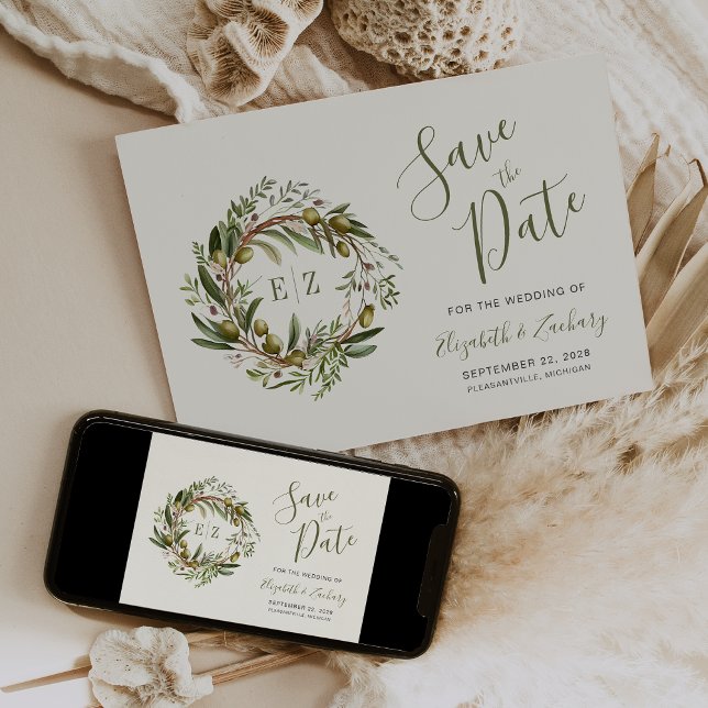 Convite Rustic Watercolor Olive Wreath Salvar Data (Criador carregado)