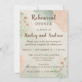 Convite Rustic Watercolor Peach & Green Rehearsal Dinner