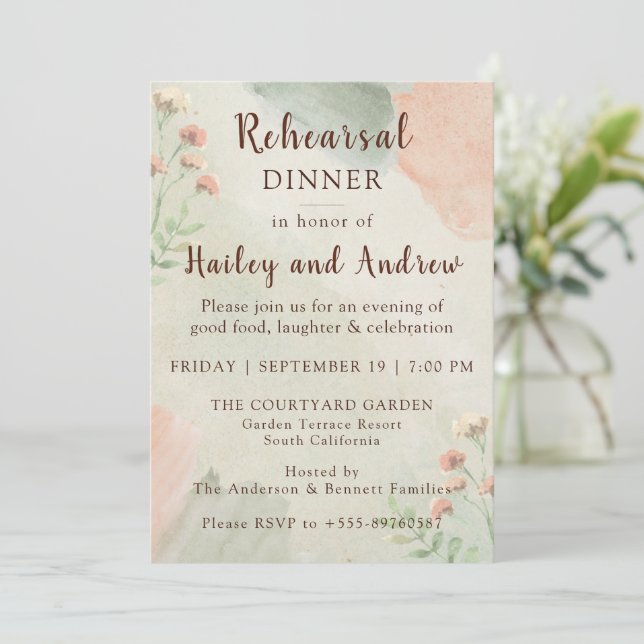 Convite Rustic Watercolor Peach & Green Rehearsal Dinner  (Em pé/Frente)