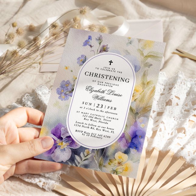 Convite Rustic Watercolor Purple & Yellow Christening (Criador carregado)