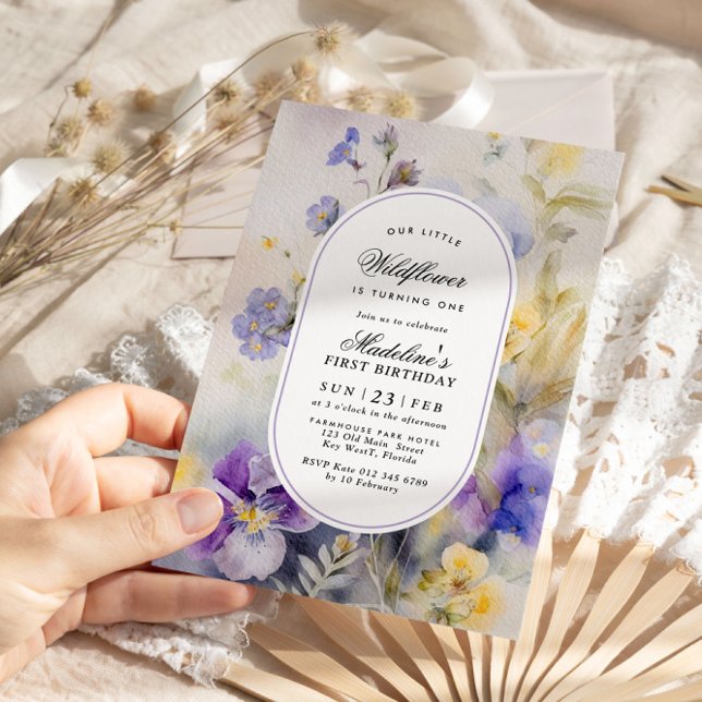 Convite Rustic Watercolor Purple & Yellow primeiro anivers (Criador carregado)
