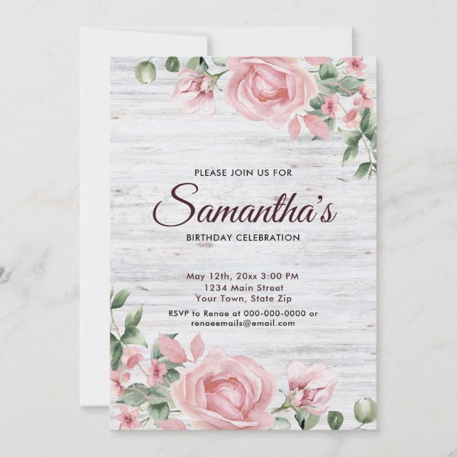 Convite Rustic Watercolor Rose Birthday Party  (Frente)