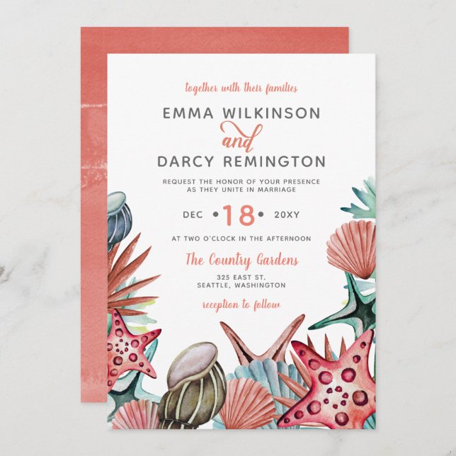 Convite Rustic Watercolor Seashells Starfish Casamento de  (Frente/Verso)