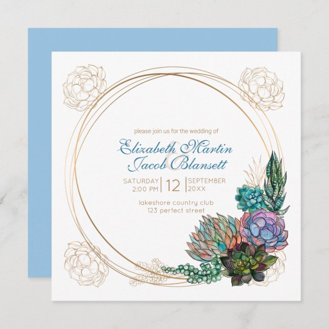 Convite Rustic Watercolor Succulent, Casamento Azul (Frente/Verso)
