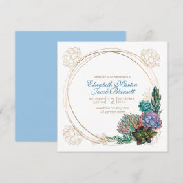 Convite Rustic Watercolor Succulent, Casamento Azul