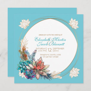 Convite Rustic Watercolor Succulent, Teal Wedding