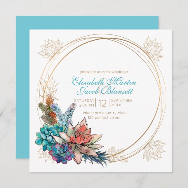 Convite Rustic Watercolor Succulent, Teal Wedding (Frente/Verso)