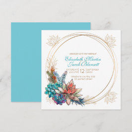 Convite Rustic Watercolor Succulent, Teal Wedding