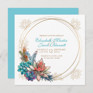 Convite Rustic Watercolor Succulent, Teal Wedding