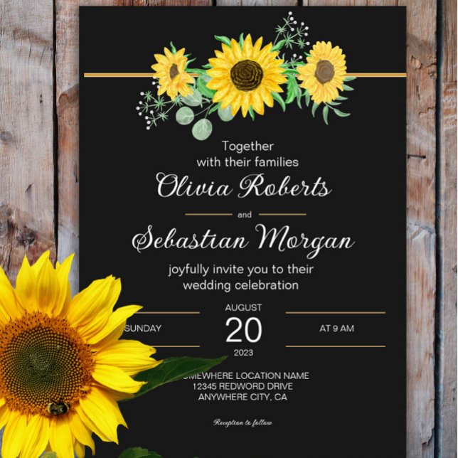 Convite Rustic Watercolor Sunflower Black Weding (Criador carregado)